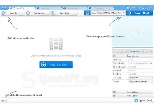 صورة توضيحية لواجهة برنامج Any Video Converter Ultimate مع خطوات استخدامه لتحويل الفيديوهات بسهولة.