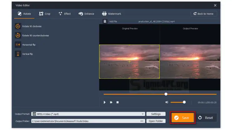 تعرض واجهة Aiseesoft Video Editor خيارات تحرير مختلفة، والجدول الزمني، ومنطقة معاينة الفيديو للتفاعل مع المستخدم.