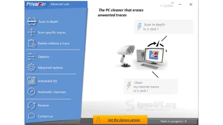 لوحة معلومات PrivaZer Pro تعرض واجهة سهلة الاستخدام مع خيارات لتنظيف النظام وإدارة الخصوصية.