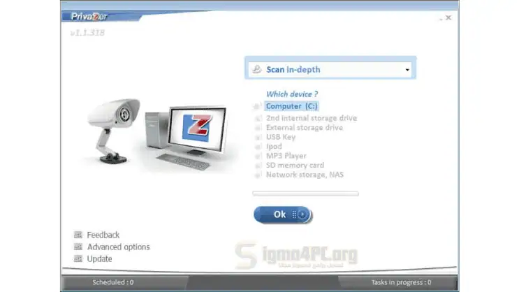نظرة عامة على لوحة معلومات PrivaZer Pro التي تحتوي على أدوات لتحسين أداء النظام وتعزيز إعدادات الخصوصية.