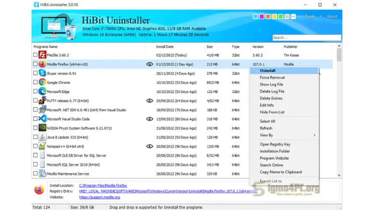 لوحة معلومات HiBit Uninstaller تعرض واجهة سهلة الاستخدام لإدارة وإزالة تطبيقات البرامج.