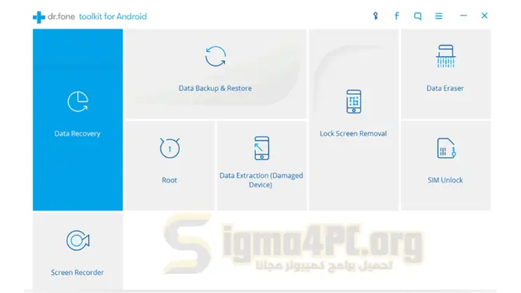 واجهة مجموعة Dr.Fone Toolkit تعرض أدوات مختلفة لاستعادة البيانات ونقل الهاتف وإصلاح النظام على جهاز رقمي.